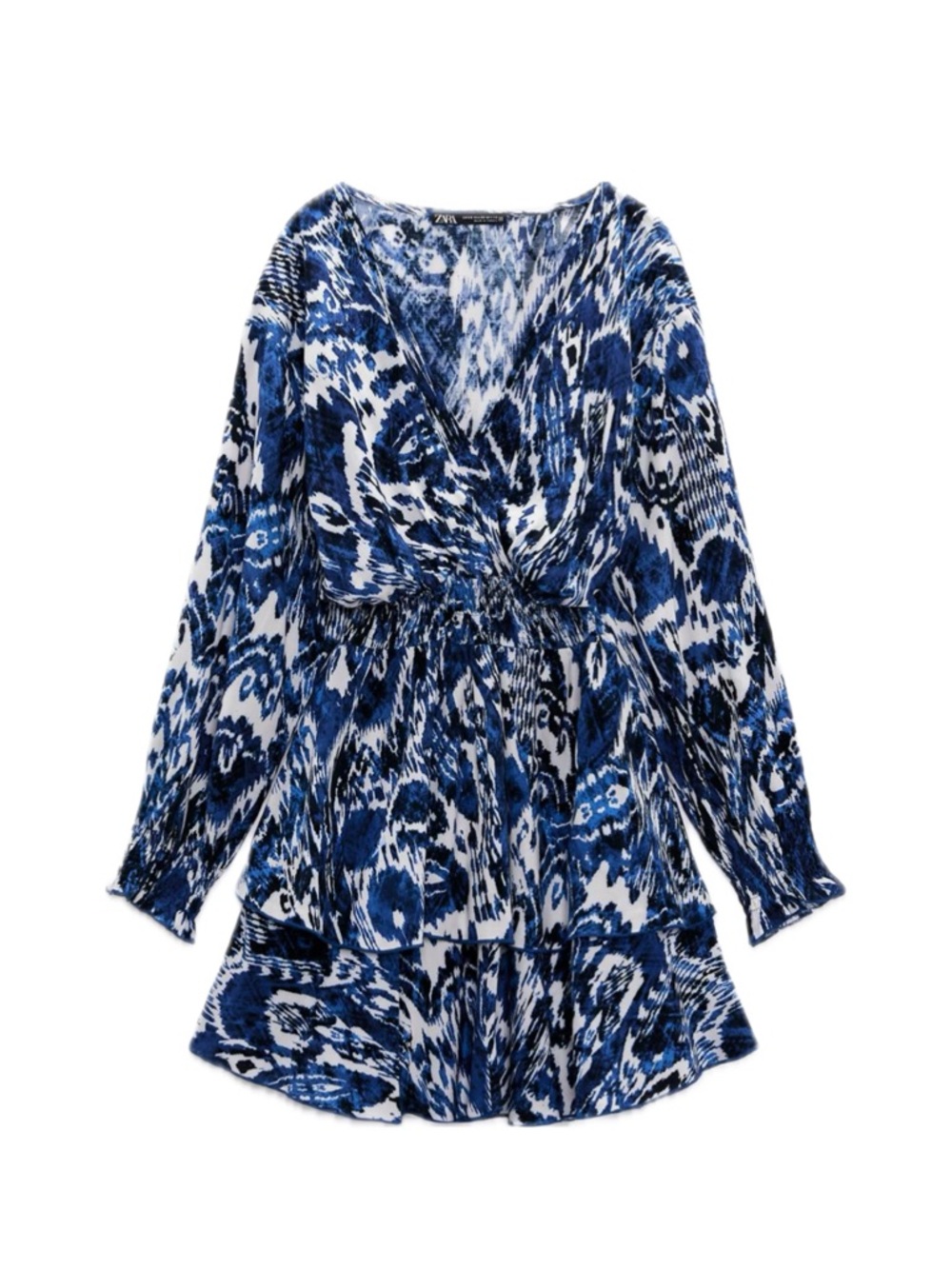 Zara Blue and White Abstract Print V-Neck Dress